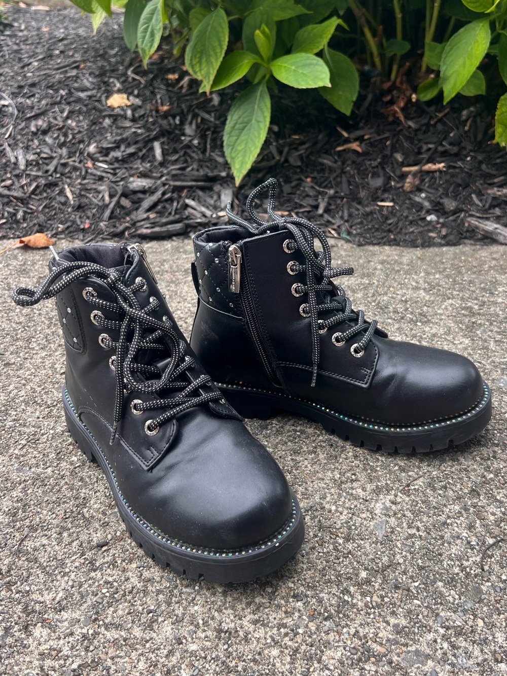 Girls Black Lace-Up Combat Boots with Side Zip